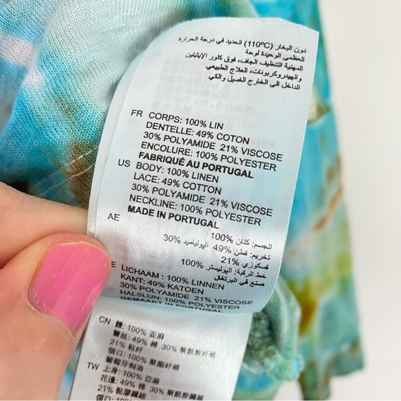 Sandro Tie Dye Shirt Womens Size Small 1 Tee Top Blouse Blue Linen Lace Paris - Picture 10 of 15